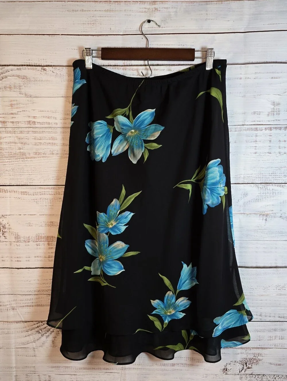 Women's‎ Black Blue Floral Chiffon Midi Skirt Size 14 Lined A Line Pull On
